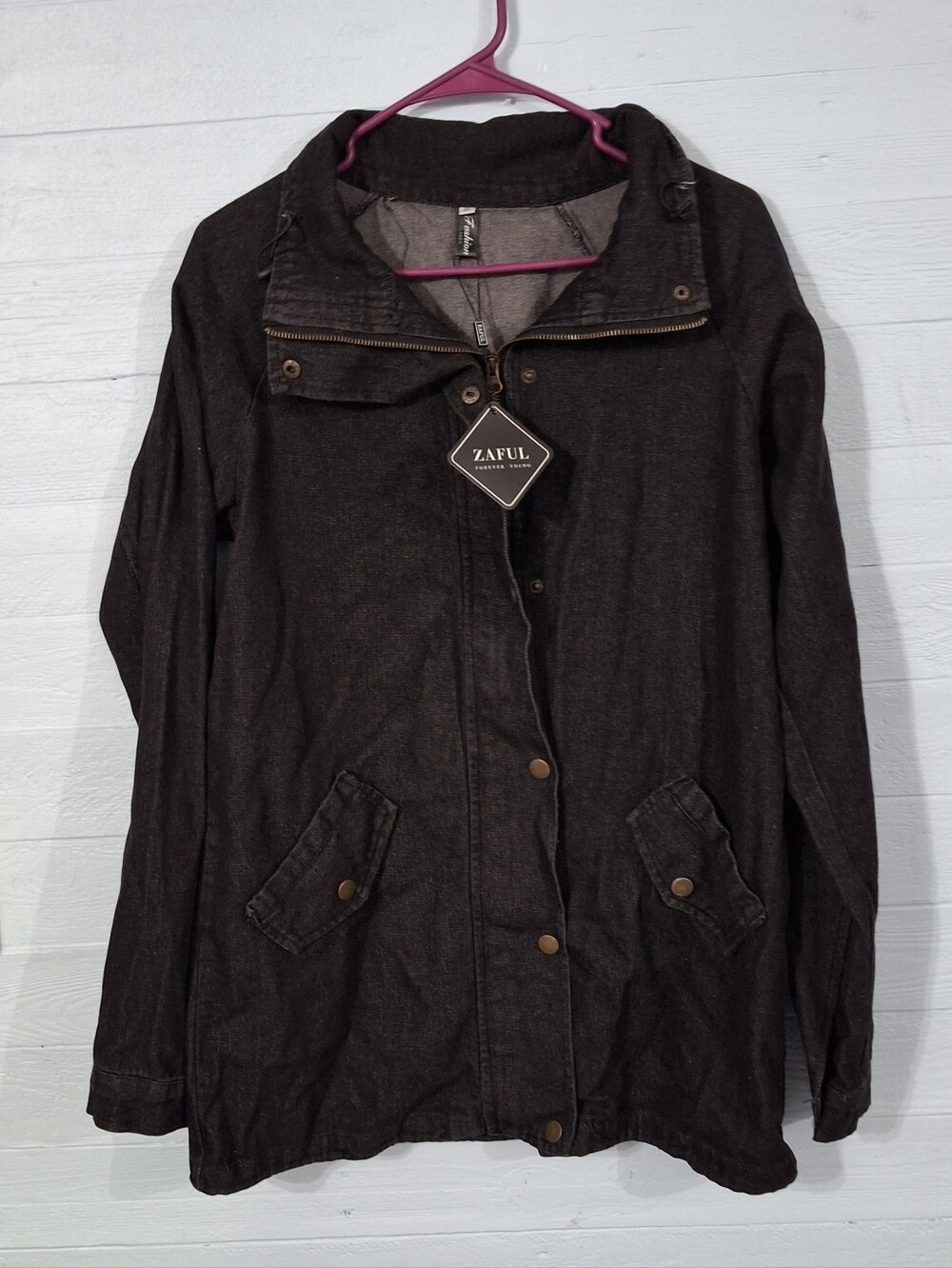 Womens Edgy Grunge Gorpcore New Zaful Blk Denim 3/4 Length Jacket SZ XL.